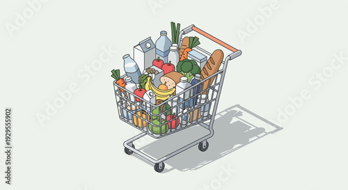 Illustration of a shopping cart overflowing with fresh groceries, including produce, dairy, and bread, casting a shadow on a clean, light background, conveying healthy eating and food shopping.