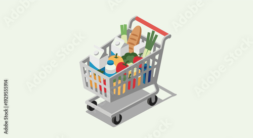 Isometric illustration of a shopping cart overflowing with fresh groceries, including milk, bread, vegetables, and fruits, conveying healthy eating and consumerism.