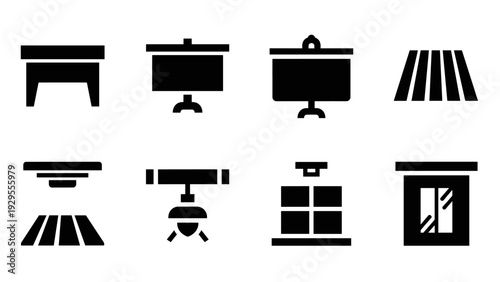 set of modern black silhouette ceiling and wall light icons for interior design