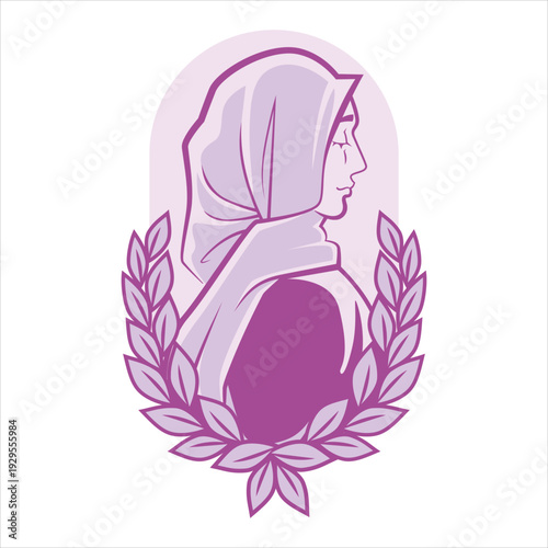 Purple illustration of woman in headscarf with laurel wreath