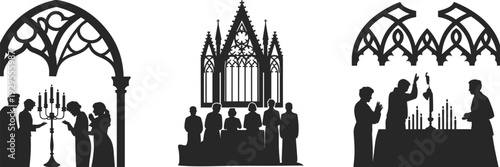 Black and white silhouette illustration of Gothic architecture scenes with people in ritual, ceremony, choir, altar, candles, arches, and cultural religious gathering concept