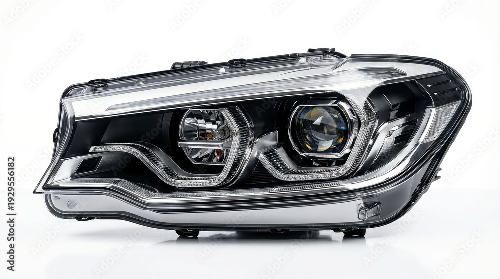 Fototapeta premium Modern automotive headlight assembly with intricate design and LED accents on a white background