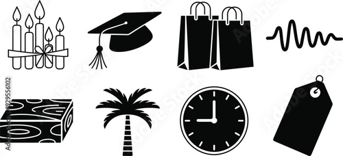 Eight black and white icons featuring candles graduation cap shopping bags and a palm tree Keywords: candles, graduation cap