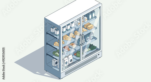 Isometric illustration of a commercial refrigerator with glass doors, displaying milk, cheese, vegetables, and cooked food; ideal for representing grocery stores, restaurants, and food businesses.