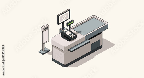Isometric illustration of a checkout counter with a POS system, card reader, monitor, and receipt printer, set against a clean, neutral background. Perfect for retail, technology.