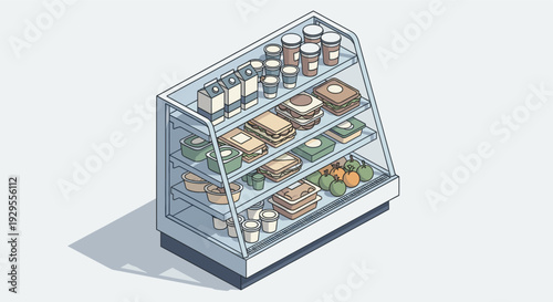 Isometric illustration showing a refrigerated display case filled with ready-to-eat food items including sandwiches, salads, fruits, drinks, and yogurts in a light, clean aesthetic.