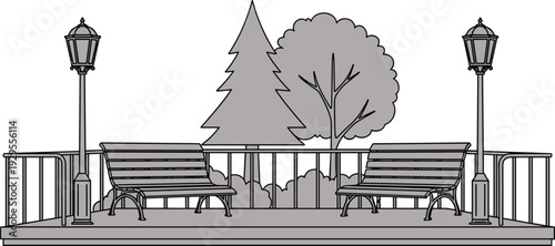 Outdoor park sitting area illustration with benches, lamp posts, railing, trees, and shrubs, peaceful public space design for relaxation, social interaction, and landscape concepts