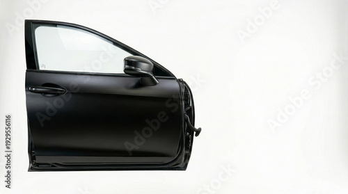Black car door with side mirror and handle isolated on white background