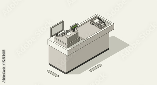 An isometric illustration showcases a cash register, monitor, and card reader on a light gray counter, perfect for retail business and finance related content.