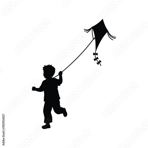 Silhouette of happy boy running with kite in park, child playing outdoors, summer day, freedom, joy, isolated