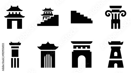 black silhouette set of Chinese traditional architectural elements and ancient pillars in simple vector style