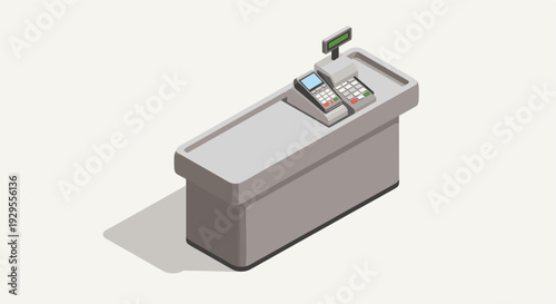 Isometric illustration features a gray cash register counter with two payment terminals, isolated on a white background. Perfect for illustrating retail, commerce, or financial themes.