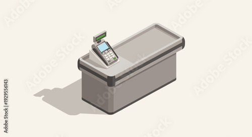 Minimalist isometric illustration of a retail store checkout counter with cash register and scanner, suitable for commercial business or shopping related designs.