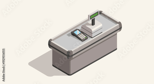 Isometric illustration of a checkout counter featuring a card reader and digital display, ideal for illustrating retail scenes, payment processing, and shopping concepts.
