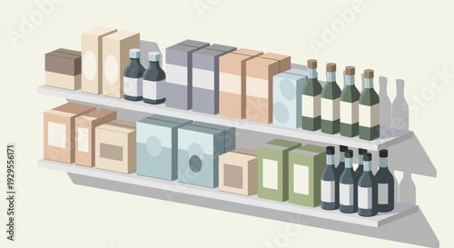Illustration of various grocery items, including boxes and bottles, displayed neatly on shelves in a store aisle, rendered in a simple, flat design.