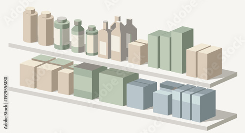 Isometric illustration featuring minimalist shelves stocked with assorted cosmetic products in neutral tones, ideal for retail or packaging design concepts.
