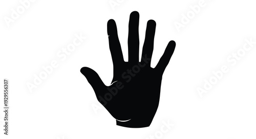 A striking black silhouette depicts a human hand with an open palm presenting a gesture of stopping or greeting silhouette