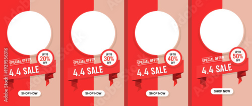 Four posters with red banners and 4.4 sale labels on a peach background with blank white circles