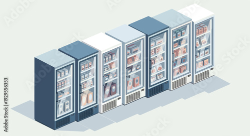 A row of colorful vending machines display various food products from an isometric view, creating a clean and modern illustration useful for design and marketing purposes.