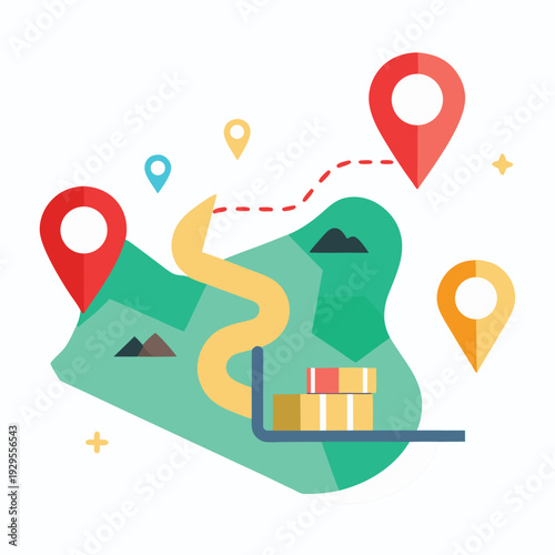 Colorful Abstract Map with GPS Location Pins and Dotted Travel Route Illustration