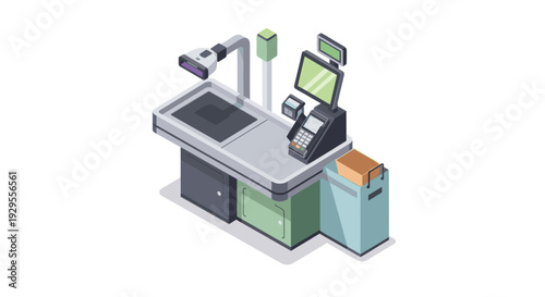 Isometric vector illustration of a supermarket checkout counter equipped with a POS terminal, scanner, and a small brown paper bag, rendered in clean, modern pastel colors.