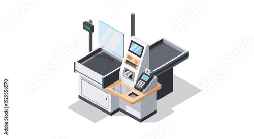 Isometric vector illustration of a cash register with POS system for retail checkout, showcasing modern retail technology and a seamless shopping experience.