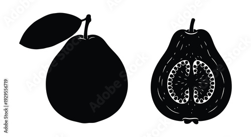 A striking depiction of a guava fruit whole and halved presented as a bold black silhouette high quality professional