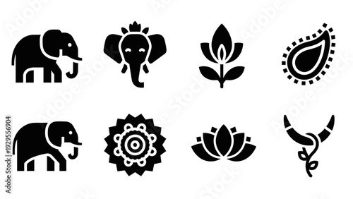 set of black silhouette indian cultural icons including elephants lotus flowers paisley and mandala in flat style