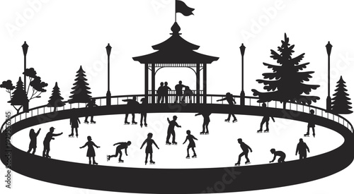 Black and white silhouette illustration of outdoor ice skating rink with people skating, gazebo, trees, lamps, winter holiday recreation, social interaction, and festive seasonal concept