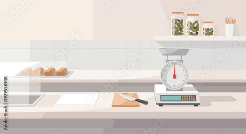 Illustration of a kitchen scene featuring a food scale, jars of pickles, a knife, and eggs on a clean counter with a tiled backsplash in a minimalist style.