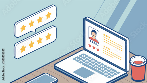 Manager reviewing five star reviews and customer service quality assessment.