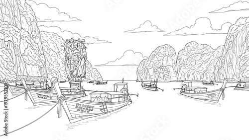 traditional long tail boats anchored in a bay with limestone cliffs hand drawn line art travel illustration