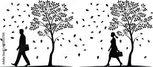 Silhouette illustration of people walking under trees with falling leaves, opposite directions concept, lifestyle, nature, and symmetry theme vector art for outdoor design