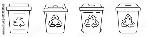 Four minimalist style recycling bins with recycling logos in black and white