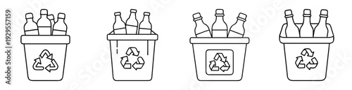 Four black and white recycling bins filled with recyclable glass bottles