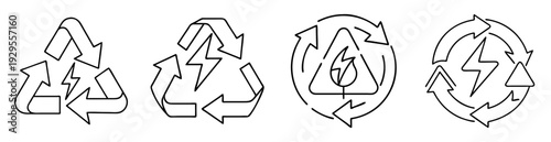 Four different types of black and white arrows, recycle, and energy icons
