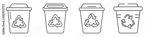 Illustration of four recycle bins with lids showing the recycling symbol