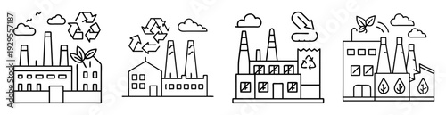 Black and white illustration of eco friendly and environmental factories