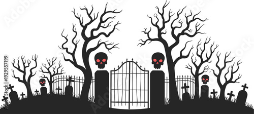 Haunted graveyard silhouette with tombstones, twisted trees, wrought iron gate, glowing red‑eyed skulls, eerie atmosphere, Halloween horror concept in black and white gothic design