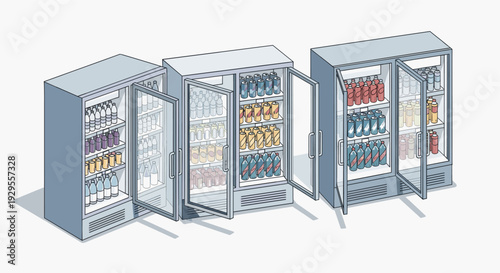 Isometric illustration of three refrigerators with open glass doors, stocked with an assortment of beverages including bottles and cans, set against a clean white background.