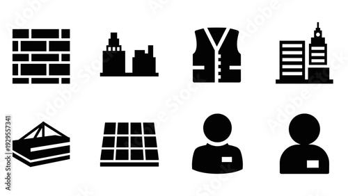 collection of black construction and worker silhouette icons in simple minimalist style