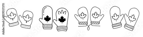 A collection of mittens with maple leaf designs in simple black outline