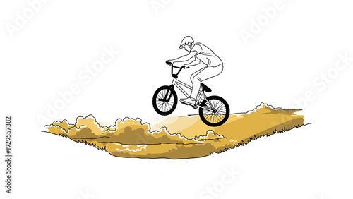 bmx biker jumping over dirt ramp hand drawn vector illustration extreme sports activity