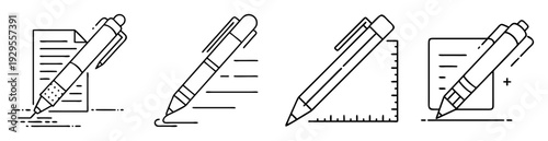 Various writing utensils and paper or document icons line drawing style