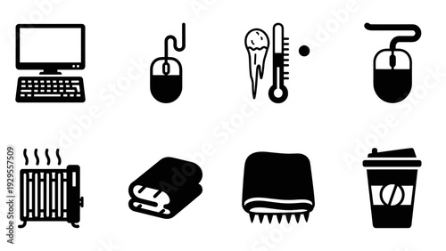 set of black computer mouse keyboard heater blanket coffee and cold weather icons in simple silhouette style