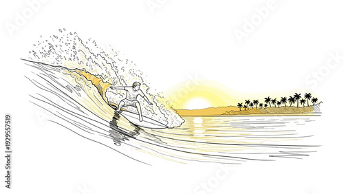 surfer riding a wave with palm trees at sunset hand drawn line art illustration