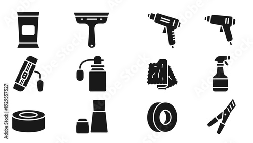 cleaning tools and spray bottles icon pack in solid black silhouette style