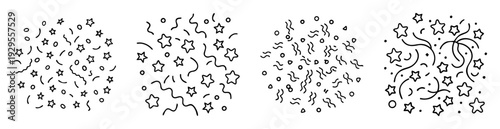 Collection of celebratory doodles with stars, circles, confetti and party streamers