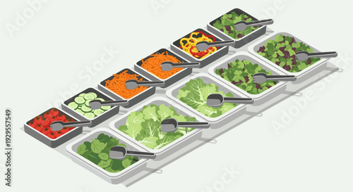 Isometric illustration of a salad bar featuring a variety of fresh vegetables, toppings, and tongs, ideal for depicting healthy eating choices in a restaurant or cafeteria setting.