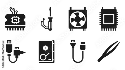 set of black computer hardware icons flat style electronic components and tools collection